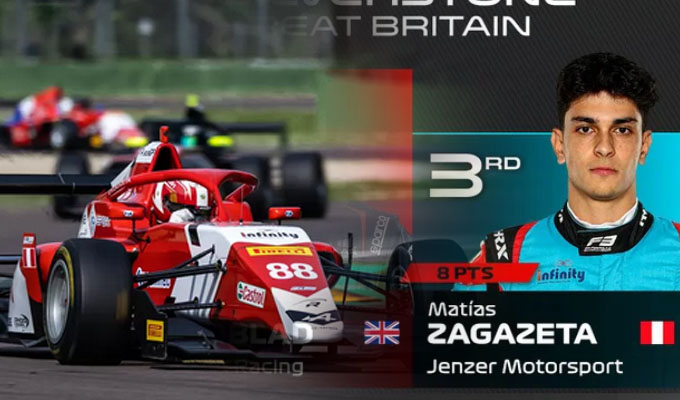 Piloto peruano de F3 Matias Zagazeta llega al podio en el sprint de Gran Bretaña
