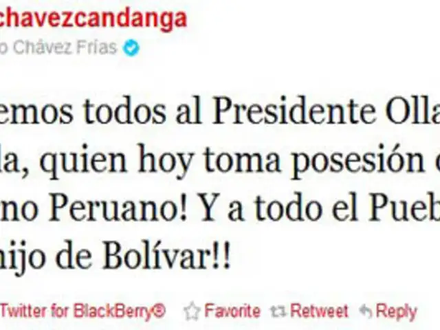 Hugo Chávez felicita a Ollanta Humala a través del Twitter por toma de mando