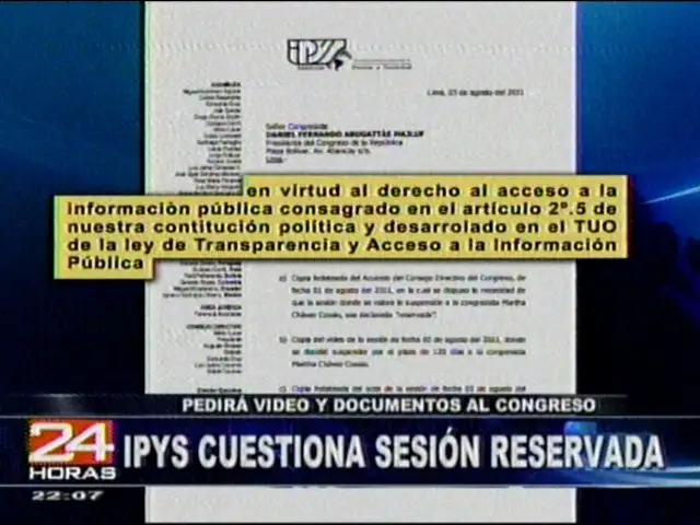 IPYS solicita grabación de la sesión del Congreso en que se definió sanción a Martha Chávez  