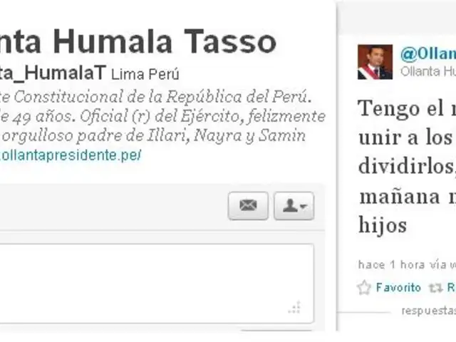 Presidente Humala en Twitter: Tengo el mandato de servir y unir a los peruanos