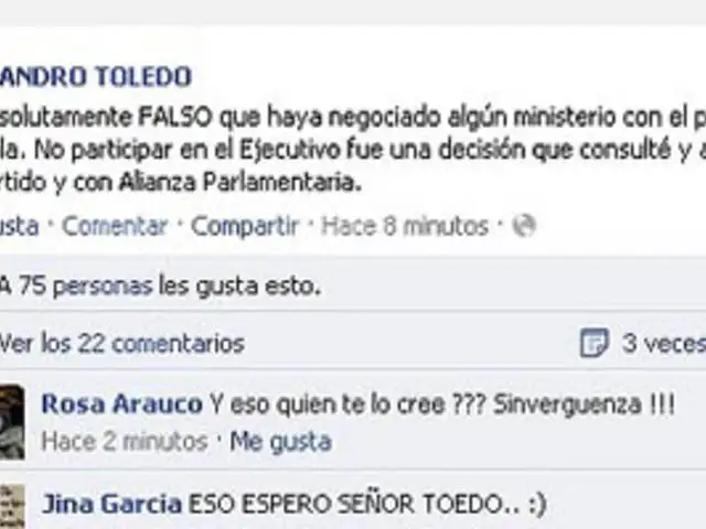 Alejandro Toledo: No he negociado ningún ministerio con Humala 