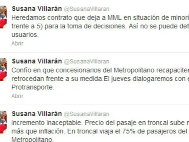 Susana Villarán: confío en que concesionarios recapaciten y retrocedan