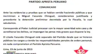 Alan García y partido Aprista apoyan detención de Miguel Facundo Chinguel