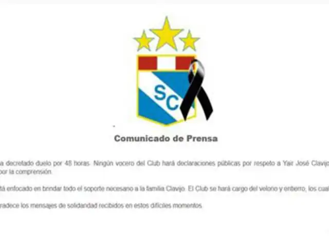 SC informa que velorio y entierro de jugador Yair Clavijo serán en privado