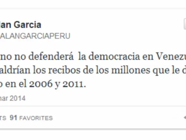 Alan García criticó al Gobierno por no defender democracia en Venezuela