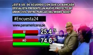 Encuesta 24: 74.6% en contra que oficialismo presente nuevo proyecto de Unión Civil