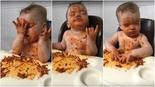 Un bebé que come espaguetis mientras duerme la rompe en la red