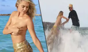 Kate Upton: posaba en topless en playa de Aruba y una ola la arrastró