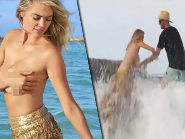 Kate Upton: posaba en topless en playa de Aruba y una ola la arrastró
