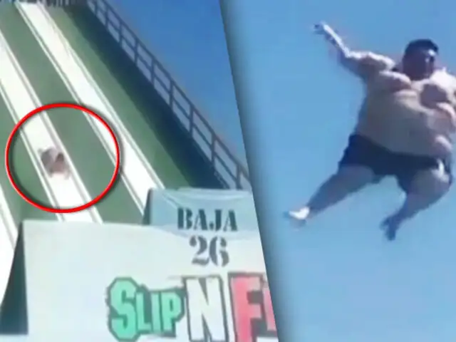 México: hombre de 150 kilos realizar temerario salto en tobogán acuático