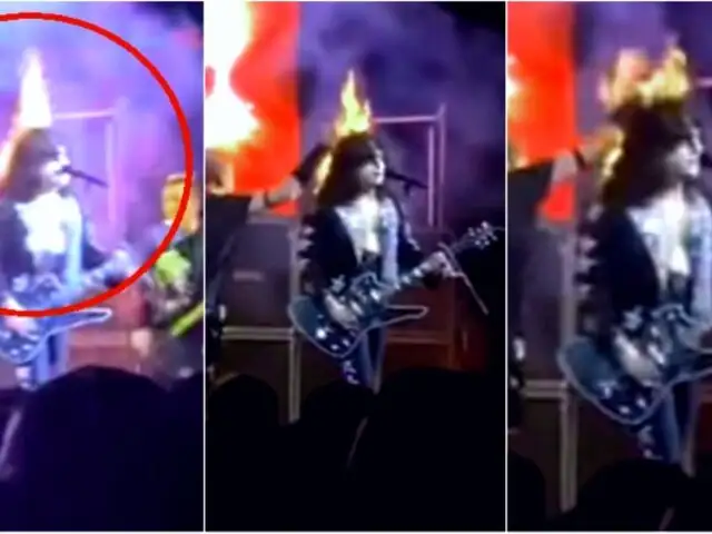 Vocalista de banda tributo continúa show con cabello en llamas