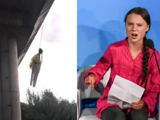 Muñeco con el rostro de la activista Greta Thunberg aparece colgado en puente de Roma