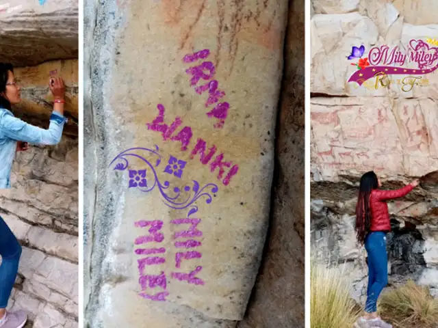 ¡Atentado contra el legado cultural! Mujer escribe sobre pinturas rupestres en Áncash