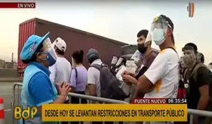 Primer día sin cuarentena: desorden en el paradero de Puente Nuevo para conseguir un bus