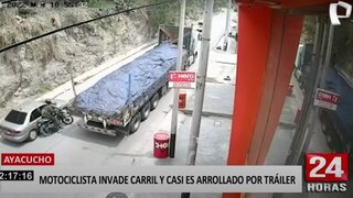 Ayacucho: motociclista invade carril y casi es arrollado por tráiler