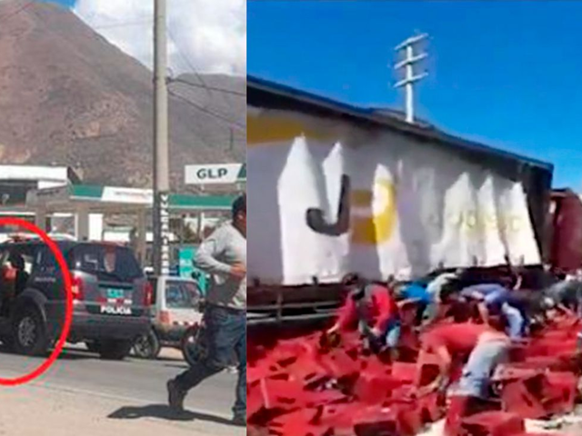Huánuco: policía se lleva caja de cerveza de camión que se volcó en carretera