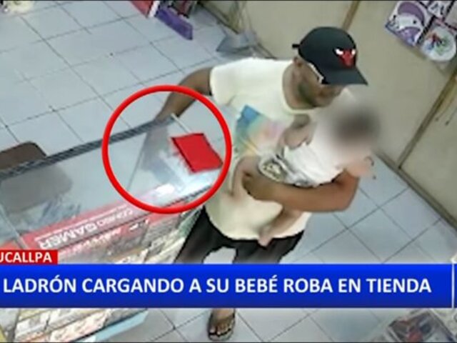 Pucallpa: Delincuente con bebé en brazos roba en tienda de celulares