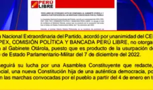 Perú Libre no dará el voto de confianza al gabinete de Alberto Otárola
