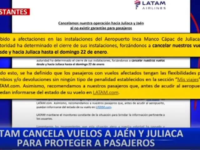 Aerolínea cancela vuelos a Jaén y Juliaca por seguridad