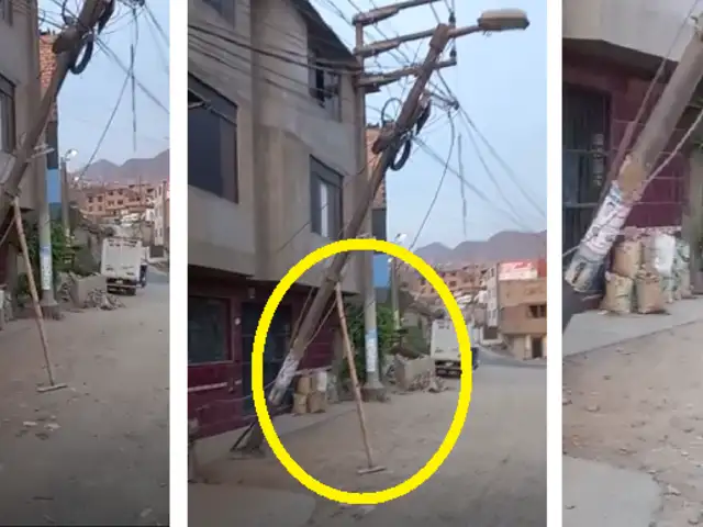 Independencia: Poste de luz es sostenido con un palo de madera para que no se caiga