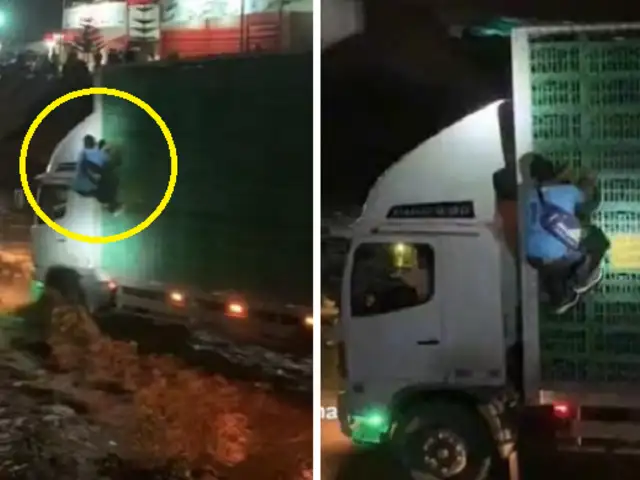 Sujeto se hace viral tras treparse a un camión para cruzar huaico: “El spiderman de los Huaicos”