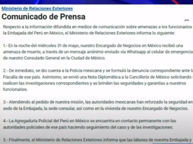 Premier Otárola denuncia amenazas de muerte contra diplomáticos peruanos en México