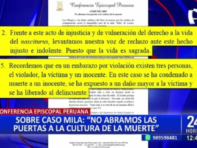 Caso Mila: Conferencia Episcopal Peruana pide “No abrir puertas a la cultura de la muerte”
