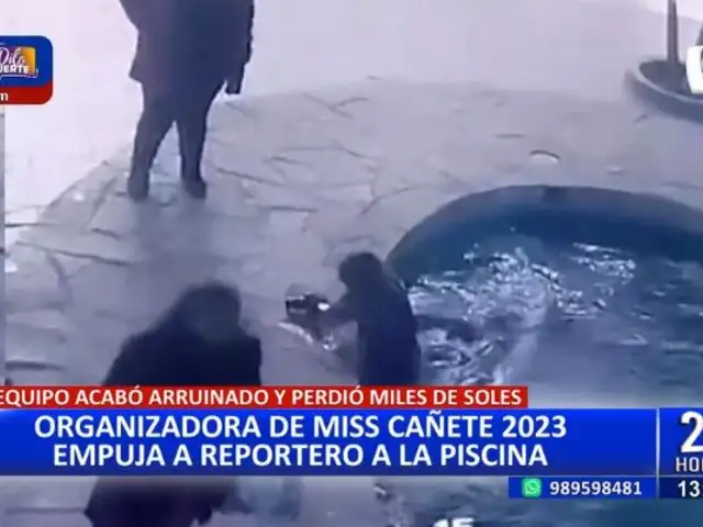 Organizadora de Miss Cañete 2023 empuja a reportero a la piscina