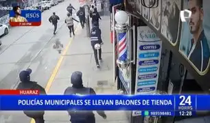 Huaraz: Policías municipales son captados llevando balones de tienda