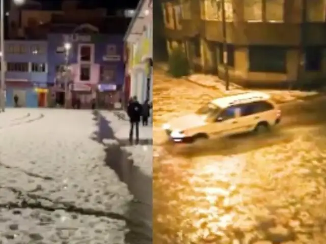 Puno: Plaza de Armas termina inundada por torrenciales lluvias y granizada