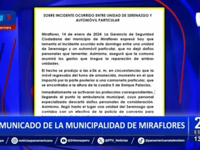 Municipio de Miraflores se pronuncia tras choque entre unidad de Serenazgo y automóvil