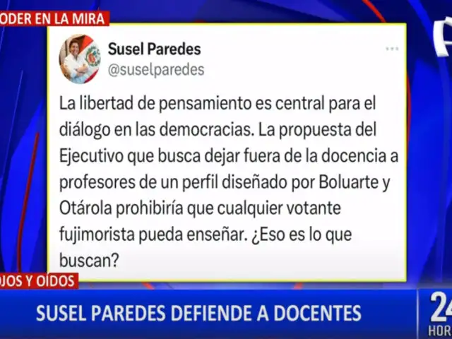Susel Paredes sobre PL de destitución de docentes: “Boluarte y Otárola quieren maestros fujimoristas”
