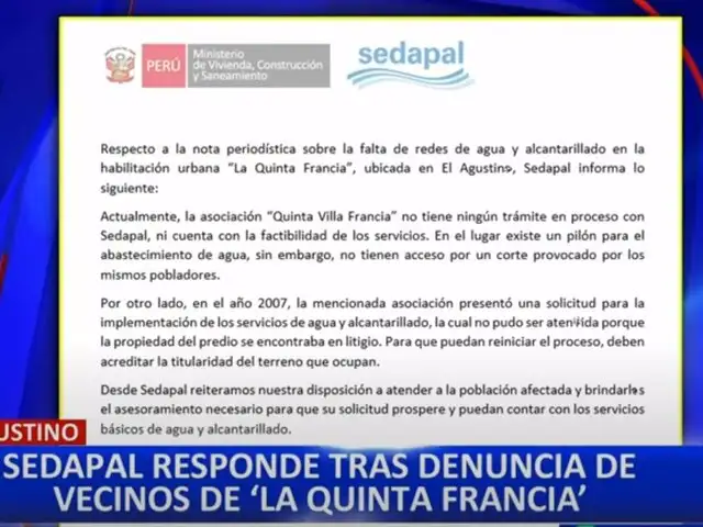 El Agustino: Sedapal se pronuncia ante la falta de redes de alcantarillado en "La Quinta Francia"