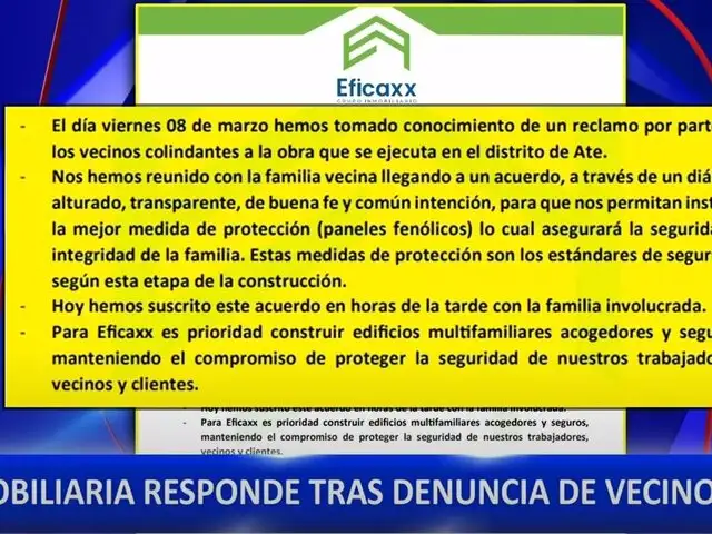 Ate: empresa se pronuncia por denuncia vecinal sobre la contracción de edificio