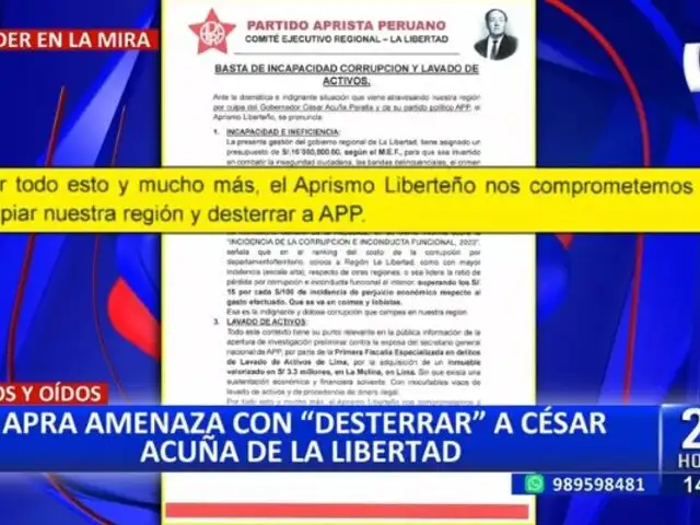 APRA amenaza con "desterrar" a César Acuña de La Libertad