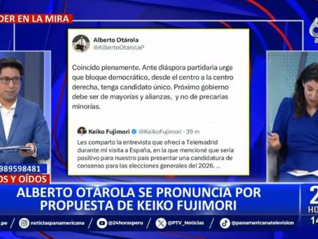 Alberto Otárola respalda propuesta de Keiko Fujimori para candidatura de consenso el 2026