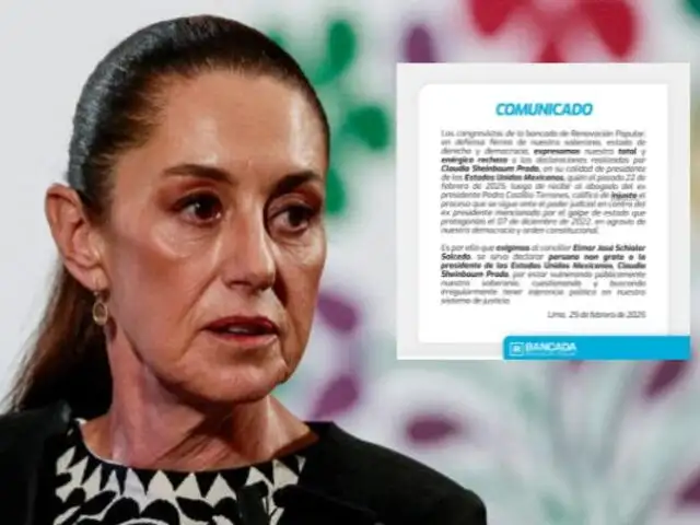 Renovación Popular pide declarar persona non grata a Claudia Sheinbaum por defender a Castillo